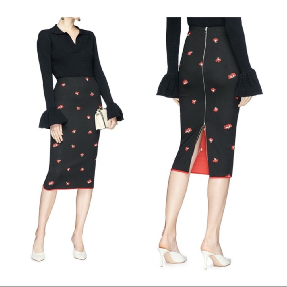Victoria Beckham Black Pencil Skirt with Red Floral Design